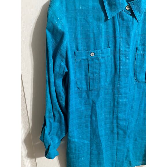 Additions by Chico Sz 1 Teal Woven Silver Threads Adjustable Long Sleeve Blouse - Picture 7 of 13